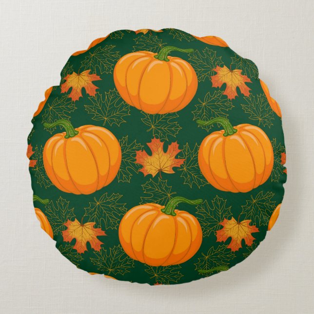 Orange Pumpkin Autumn Leaves Pattern Round Cushion (Front)