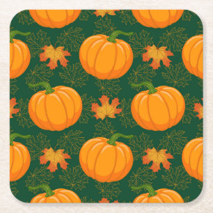Orange Pumpkin Autumn Leaves Pattern Square Paper Coaster