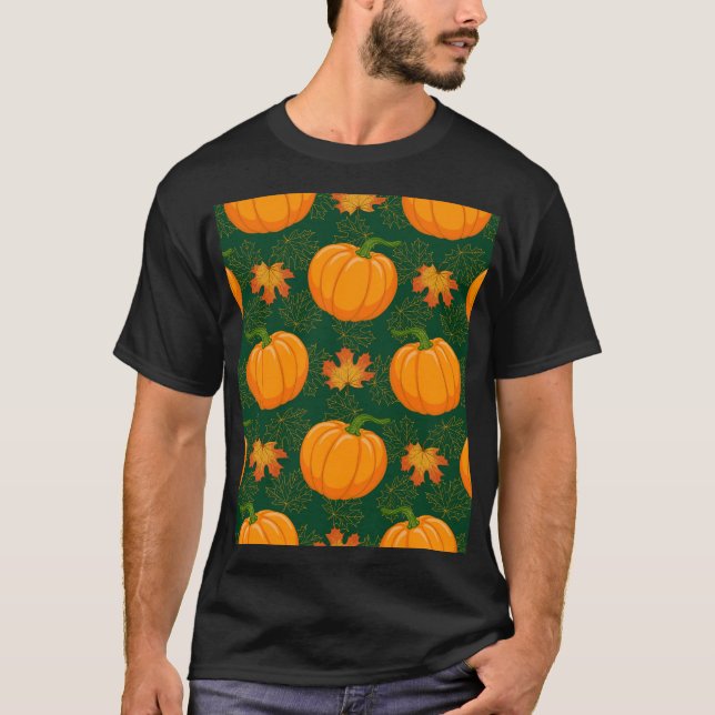 Orange Pumpkin Autumn Leaves Pattern T-Shirt (Front)