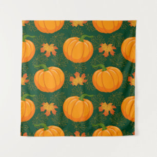 Orange Pumpkin Autumn Leaves Pattern Tapestry