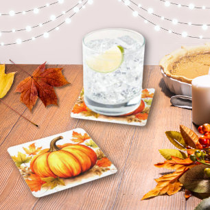 Orange Pumpkin & Autumn Leaves Seasonal Square Paper Coaster