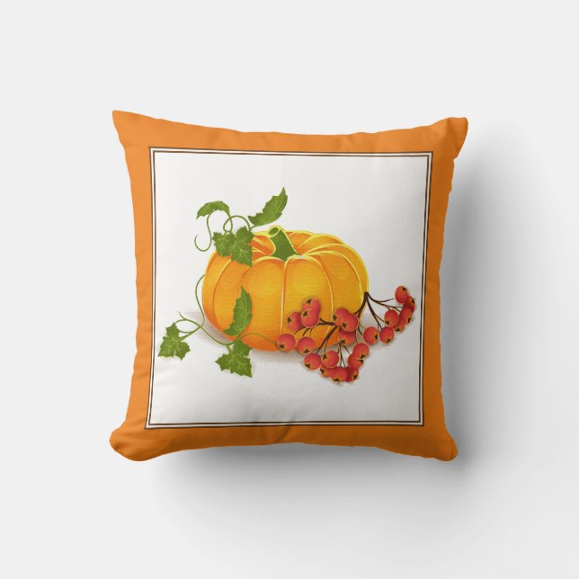 Orange pumpkin, berries, leaves fall Thanksgiving Cushion (Front)