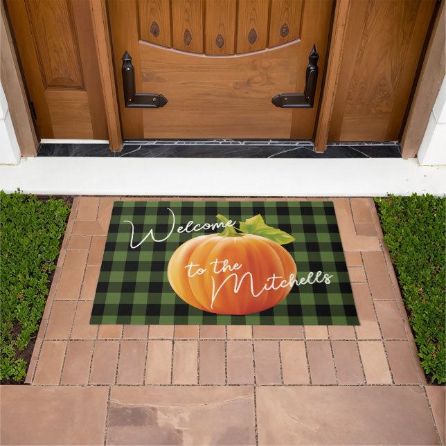 Orange Pumpkin Black Green Check Pattern Welcome Doormat (Outdoor)