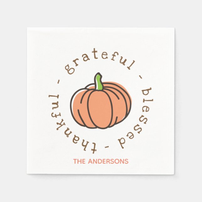 Orange Pumpkin Blessed Personalised Thanksgiving Napkin (Front)