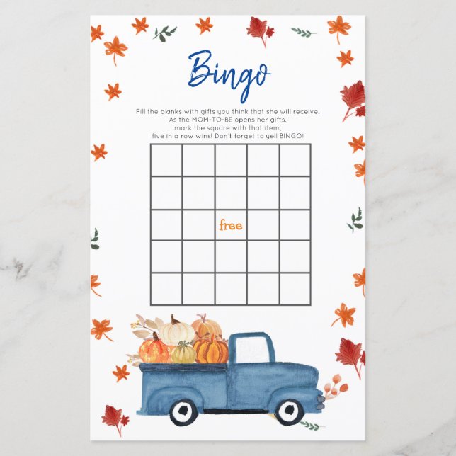 Orange Pumpkin Blue Truck Baby Shower Bingo Game (Front)