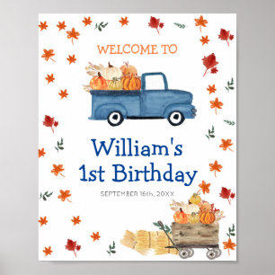 Orange Pumpkin Blue Truck Birthday Welcome Sign