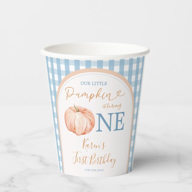 Orange Pumpkin Boho Blue Gingham 1st Birthday Paper Cups (Front)