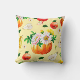 Orange pumpkin, chrysanthemum, pears, red apples o cushion