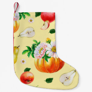 Orange pumpkin, chrysanthemum, pears, red apples o small christmas stocking