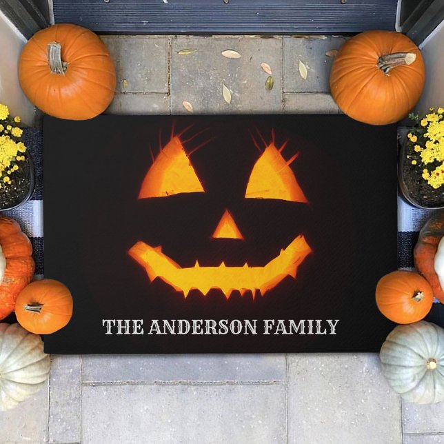 Orange Pumpkin Face Custom Family Name Doormat (Creator Uploaded)