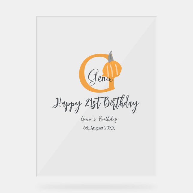 Orange pumpkin fall birthday 21st grey pastel fall acrylic sign (Front)