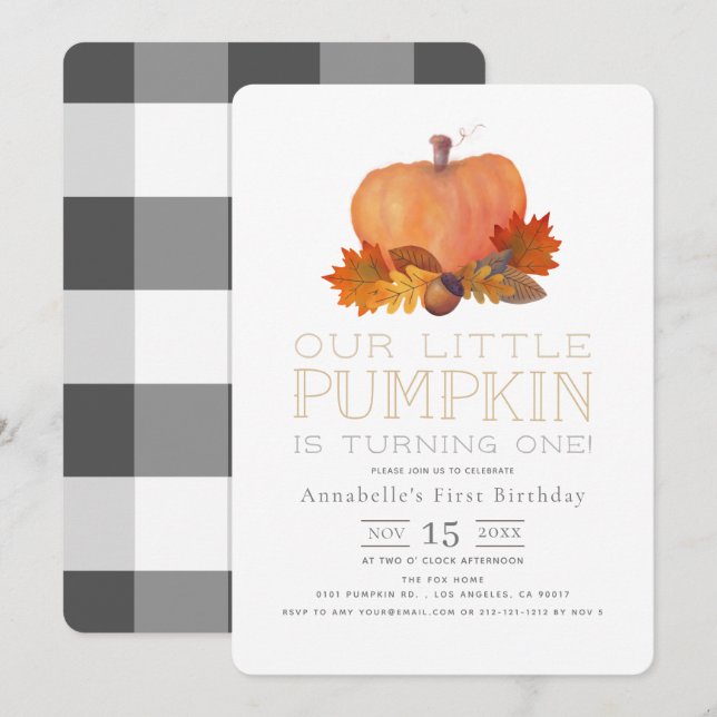 Orange Pumpkin Fall Leaves 1st Birthday Invitation (Front/Back)