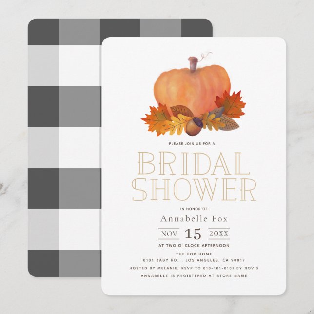 Orange Pumpkin Fall Leaves Bridal Shower Invitation (Front/Back)