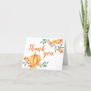 Orange Pumpkin Fall Watercolor Leaves Thank You Card