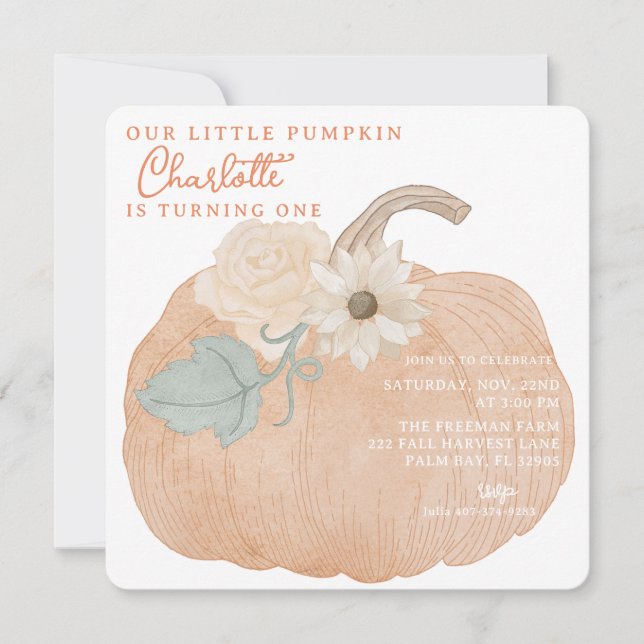 Orange Pumpkin First Birthday Invitation (Front)