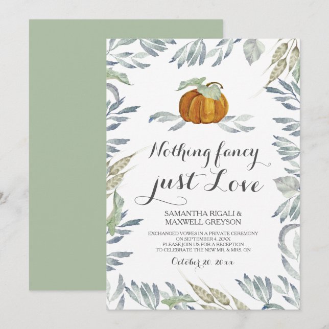Orange Pumpkin Greenery Nothing Fancy Love Invitation (Front/Back)