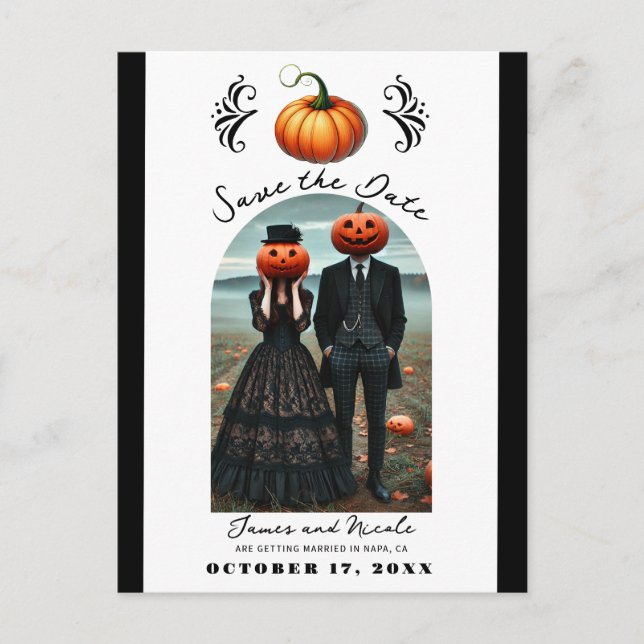 Orange Pumpkin Halloween Fall Photo Save the Date Announcement Postcard (Front)