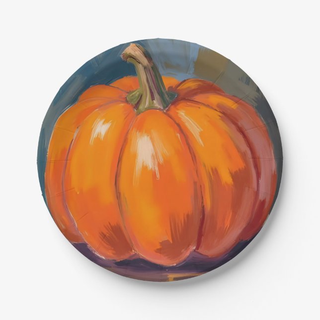 Orange Pumpkin Halloween Thanksgiving Watercolor Paper Plate (Front)