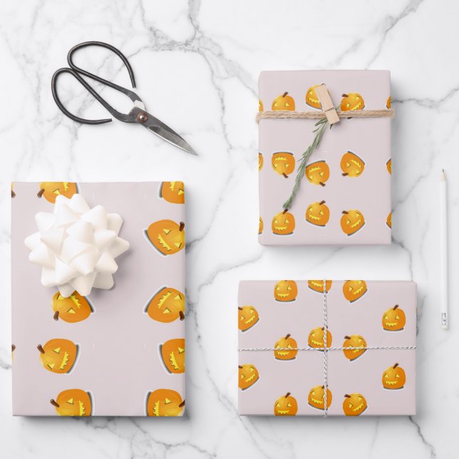 Orange pumpkin head pattern wrapping paper sheet (Front)