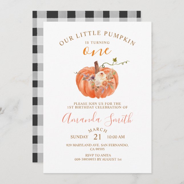 Orange Pumpkin Is Turning ONE Birthday Floral Invi Invitation (Front/Back)