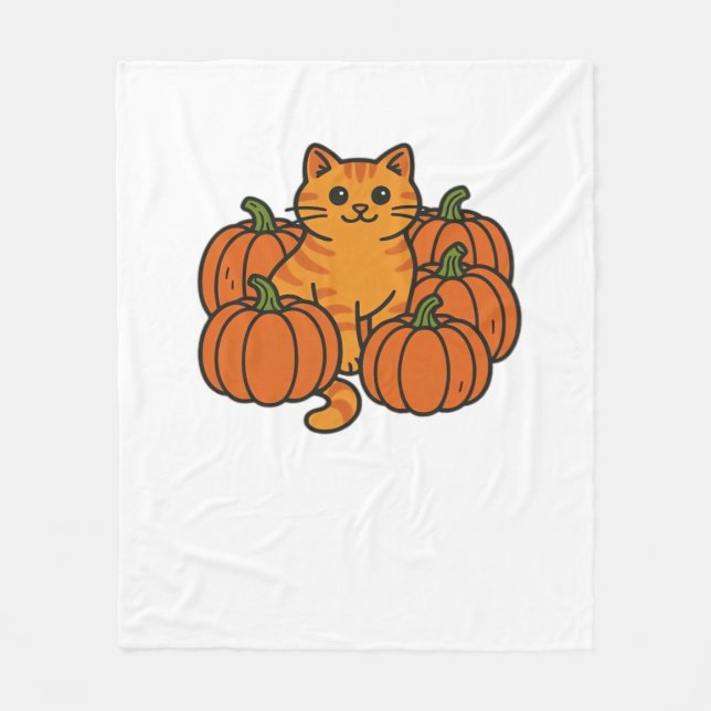 Orange Pumpkin Kitty Cat Magic Oversized T-Shirt Fleece Blanket (Front)