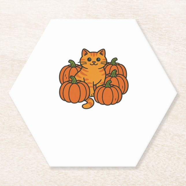 Orange Pumpkin Kitty Cat Magic Oversized T-Shirt Paper Coaster (Front)
