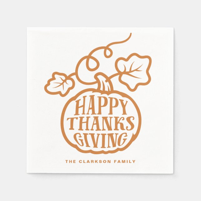 Orange Pumpkin Lettering Happy Thanksgiving  Napkin (Front)