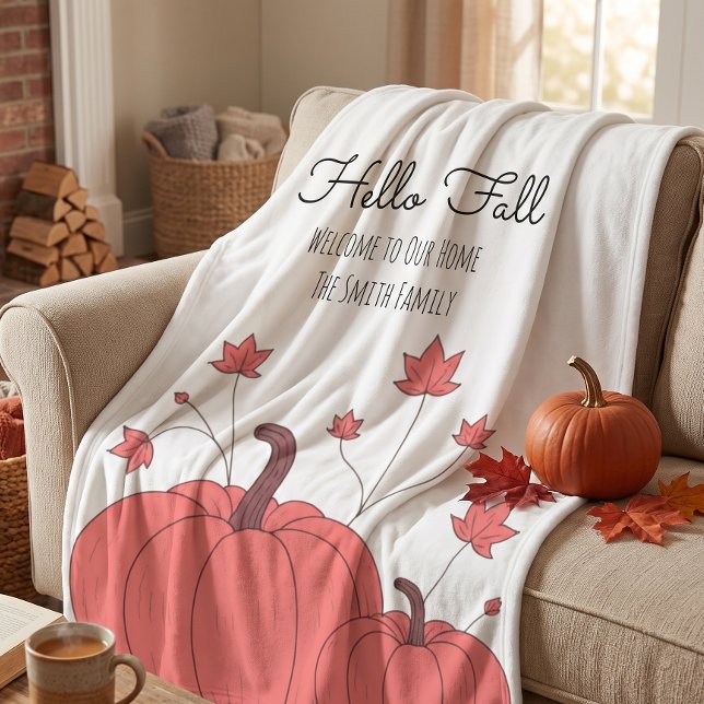 Orange Pumpkin Maple Leaf Hello Fall Family Name  Fleece Blanket (Orange Pumpkin Maple Leaf Hello Fall Family Name Fleece Blanket
)