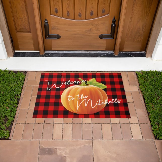 Orange Pumpkin On Black Red Check Pattern Welcome Doormat (Outdoor)