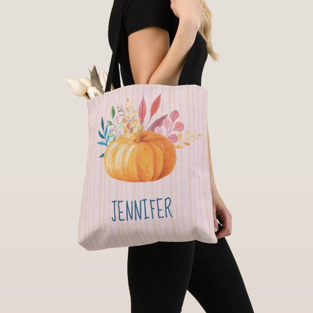 Orange Pumpkin on Pink and Gold Stripes Custom Tote Bag (Close Up)
