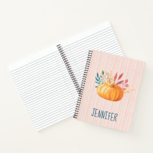 Orange Pumpkin on Pink and Gold Stripes Notebook