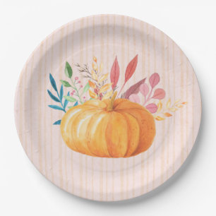 Orange Pumpkin on Pink and Gold Stripes Paper Plate