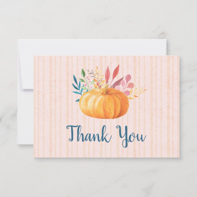 Orange Pumpkin on Pink and Gold Stripes Thank You Card (Front)