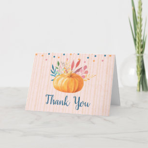 Orange Pumpkin on Pink and Gold Stripes Thank You Card