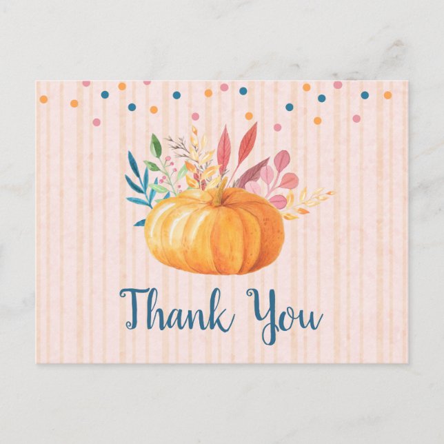 Orange Pumpkin on Pink and Gold Stripes Thank You Postcard (Front)