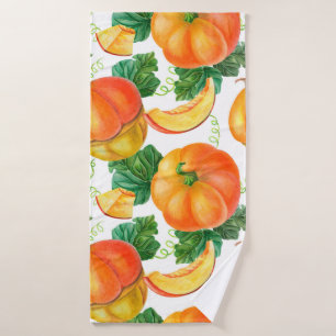 Orange pumpkin on white background. Seamless patte Bath Towel