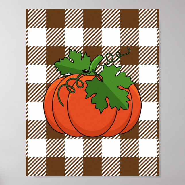 Orange Pumpkin on White Brown Checkered Pattern Poster (Front)