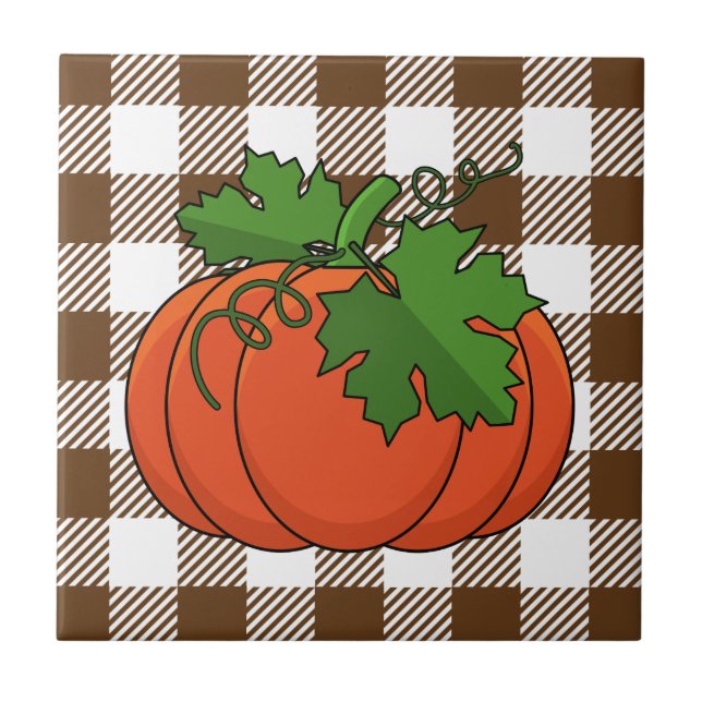 Orange Pumpkin on White Brown Checkered Pattern Tile (Front)