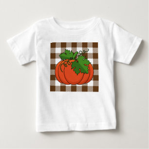 Orange Pumpkin on White Brown Chequered Pattern Baby T-Shirt