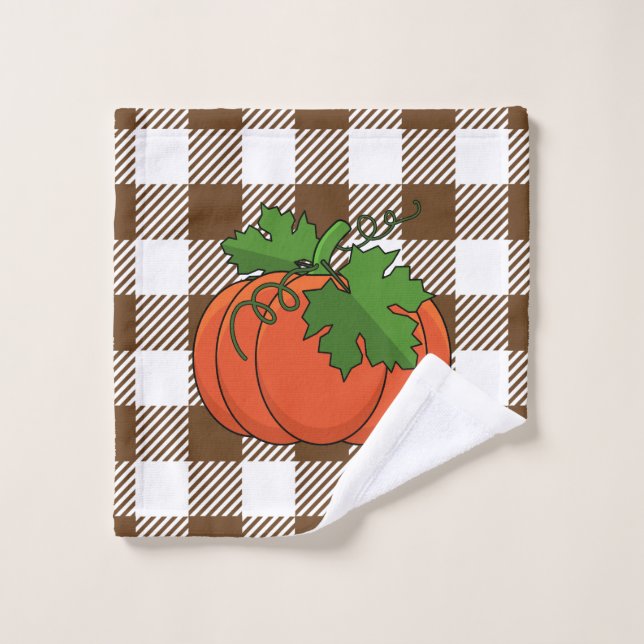 Orange Pumpkin on White Brown Chequered Pattern Bath Towel Set (Wash Cloth)