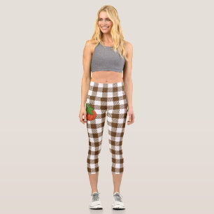 Orange Pumpkin on White Brown Chequered Pattern Capri Leggings