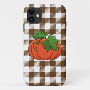 Orange Pumpkin on White Brown Chequered Pattern iPhone 11 Case