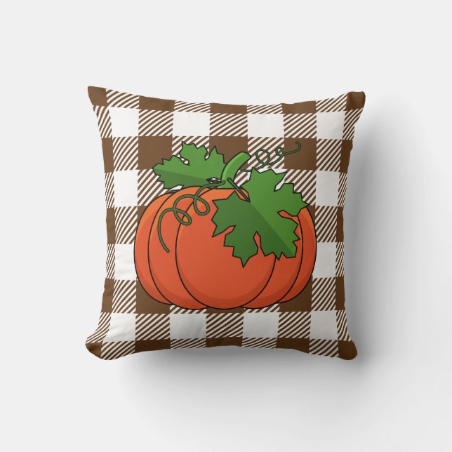Orange Pumpkin on White Brown Chequered Pattern Cushion (Front)