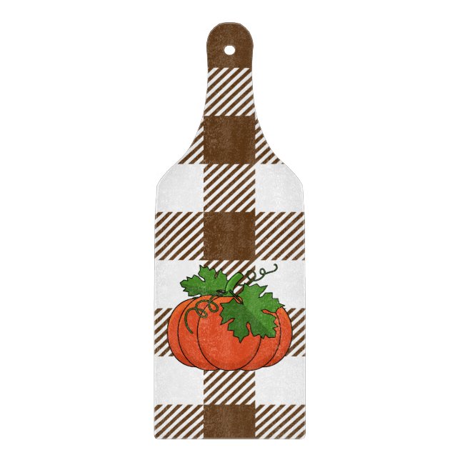 Orange Pumpkin on White Brown Chequered Pattern Cutting Board (Front)