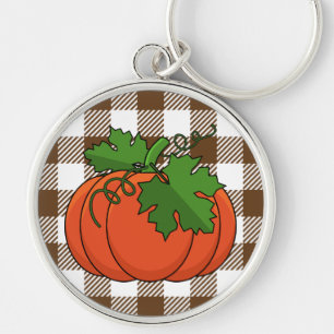 Orange Pumpkin on White Brown Chequered Pattern Key Ring
