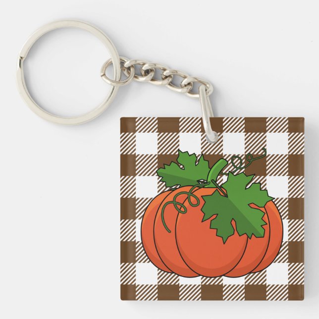 Orange Pumpkin on White Brown Chequered Pattern Key Ring (Front)
