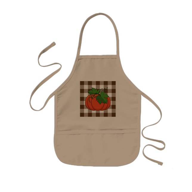 Orange Pumpkin on White Brown Chequered Pattern Kids Apron (Front)