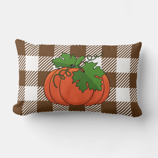 Orange Pumpkin on White Brown Chequered Pattern Lumbar Cushion (Front)