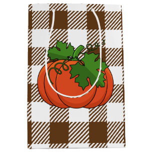 Orange Pumpkin on White Brown Chequered Pattern Medium Gift Bag