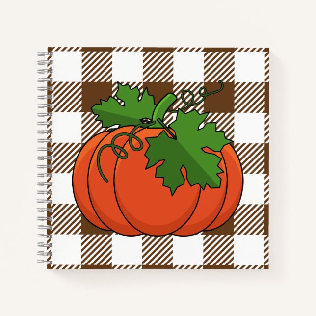Orange Pumpkin on White Brown Chequered Pattern Notebook (Front)